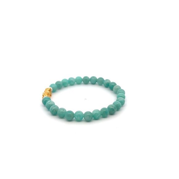 18K Gold Pixiu Piyao Lucky Charm Bracelet Natural Amazonite Peru Gemstones 6mm - Picture 3 of 6